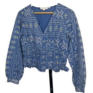 Anthropologie Cropped Top Smocked Ruffle XS Blue Blouse Boho Puff Sleeve Cottage